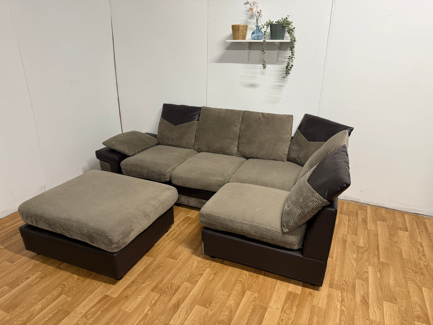 Brown Cord Corner Sofa & Foot Stool