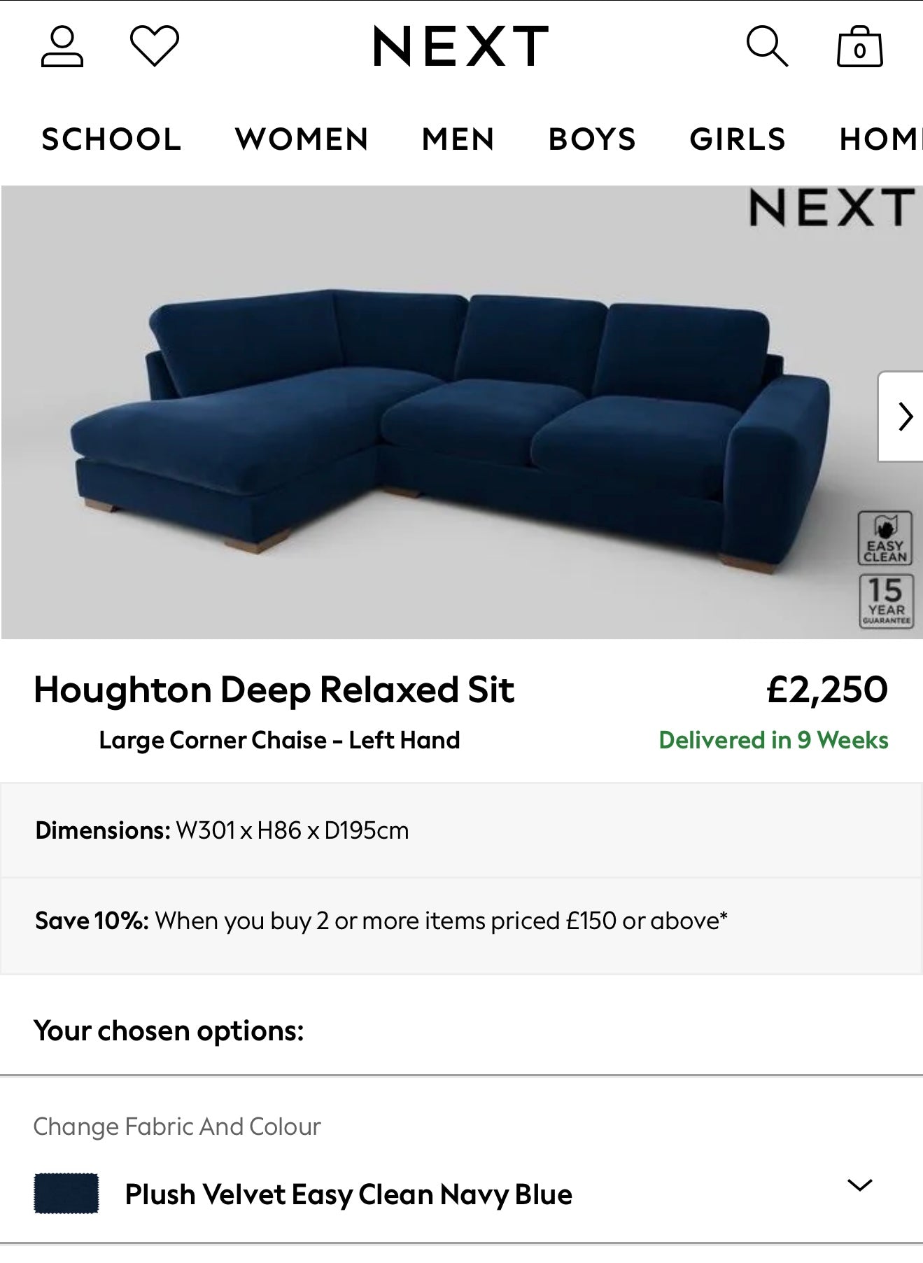 Next Houghton Blue Velvet Corner Sofa