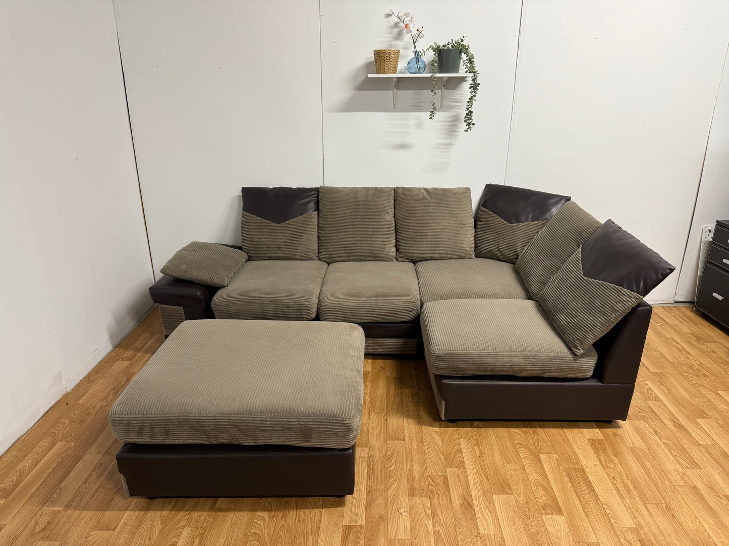 Brown Cord Corner Sofa & Foot Stool