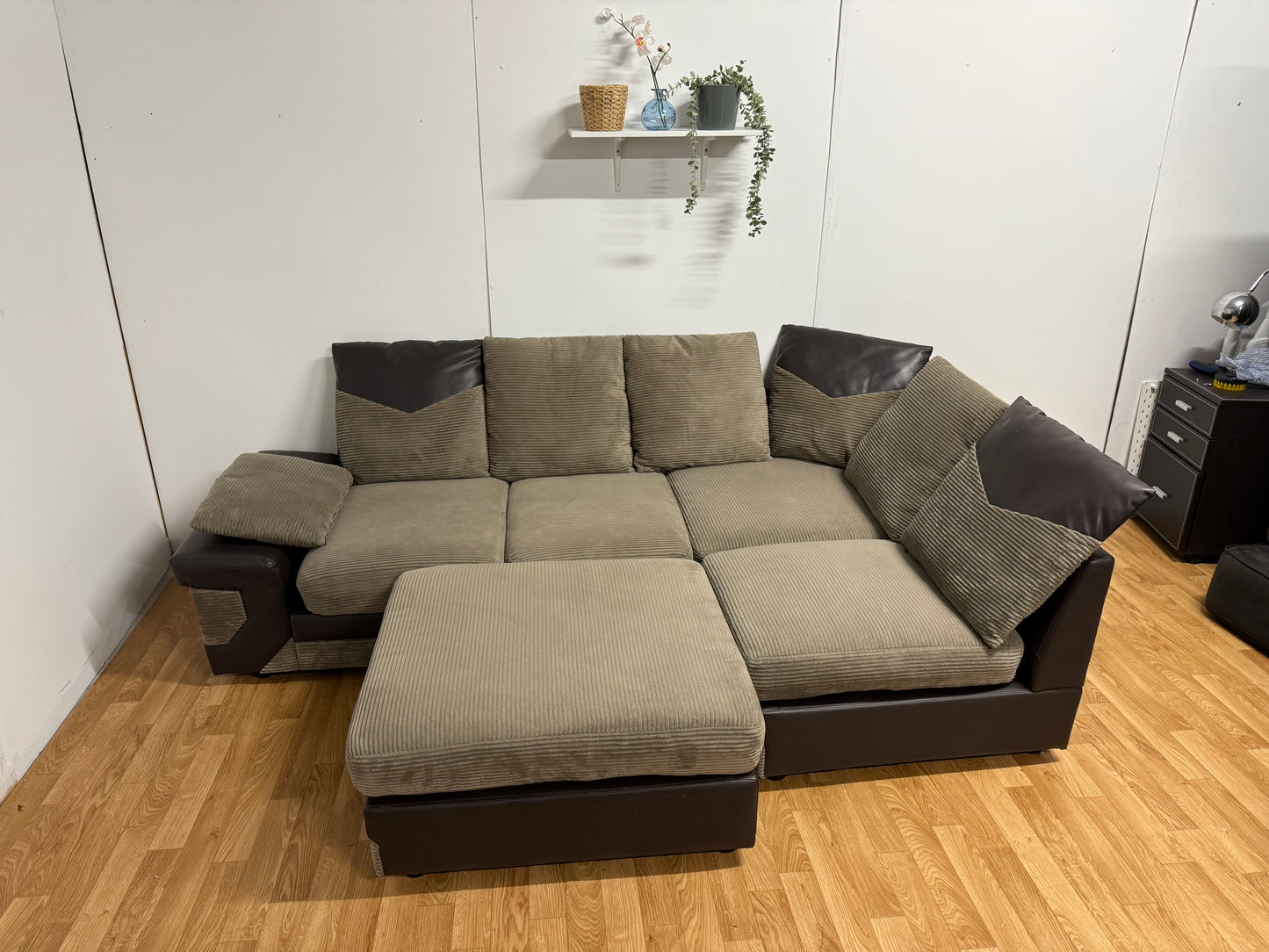 Brown Cord Corner Sofa & Foot Stool