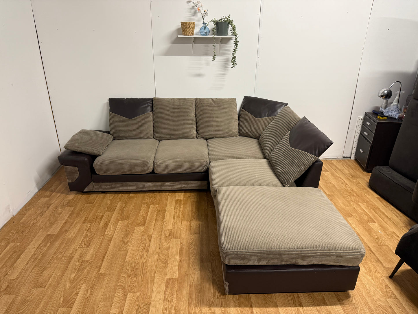 Brown Cord Corner Sofa & Foot Stool