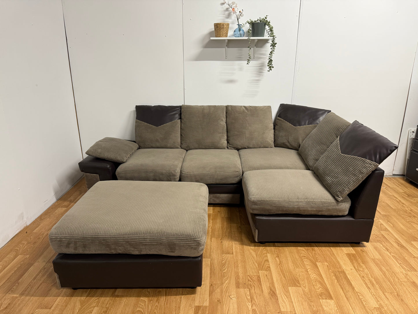 Brown Cord Corner Sofa & Foot Stool