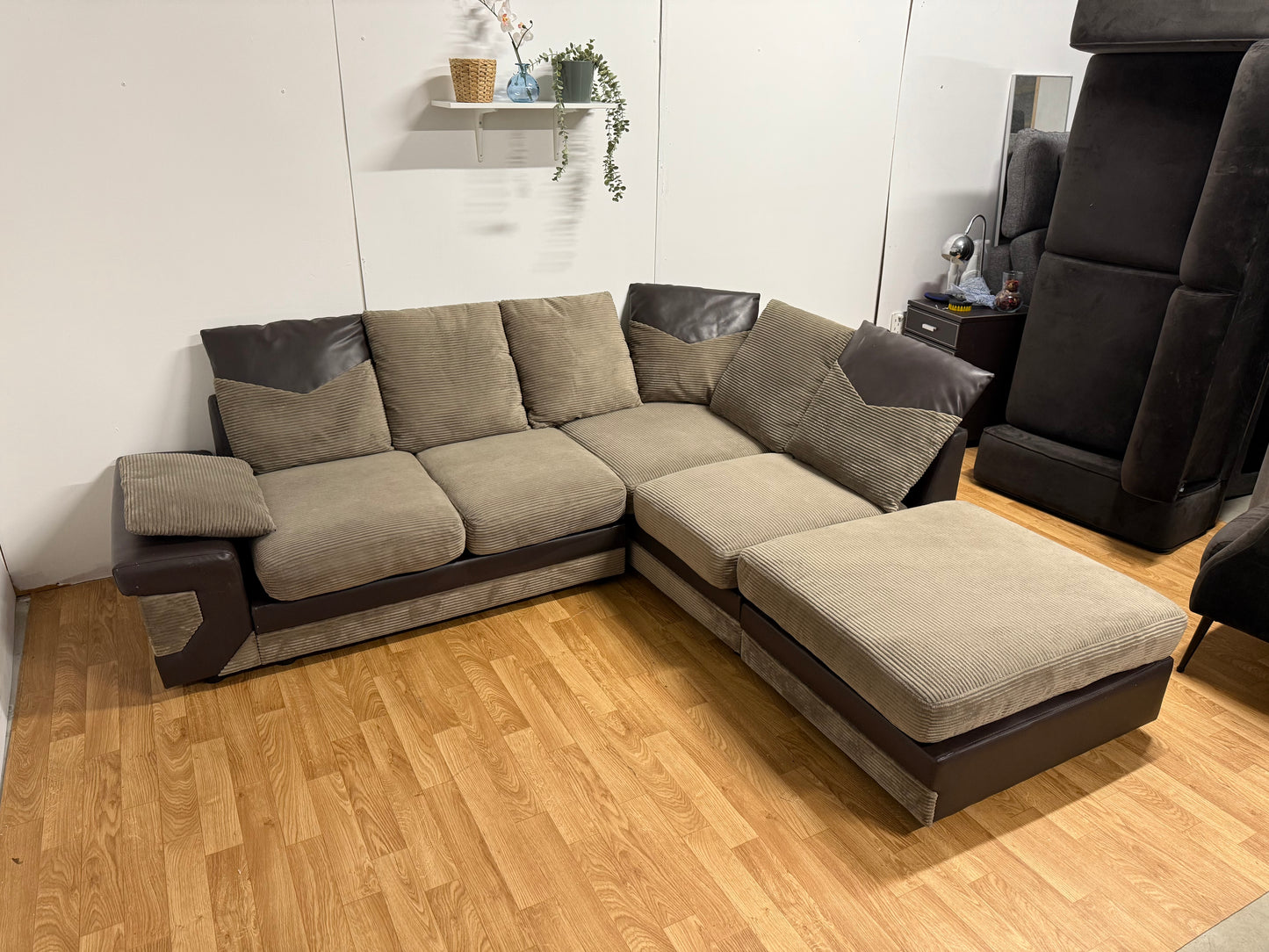 Brown Cord Corner Sofa & Foot Stool