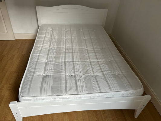 White Wooden Double Bed & Mattress