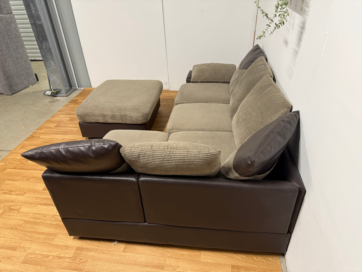 Brown Cord Corner Sofa & Foot Stool