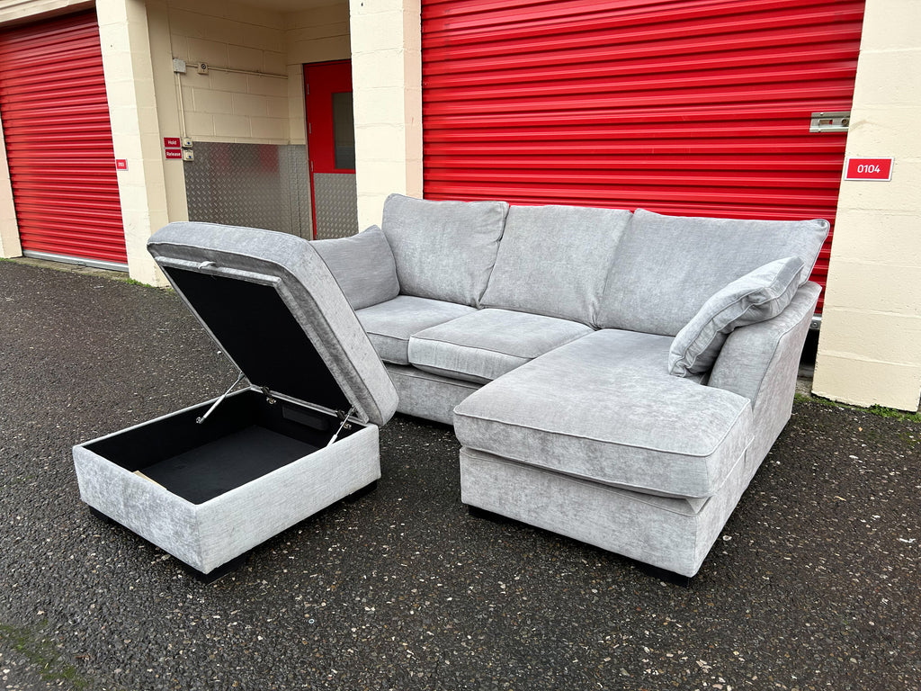 Next Stamford Silver Grey Corner Sofa & Storage Footstool