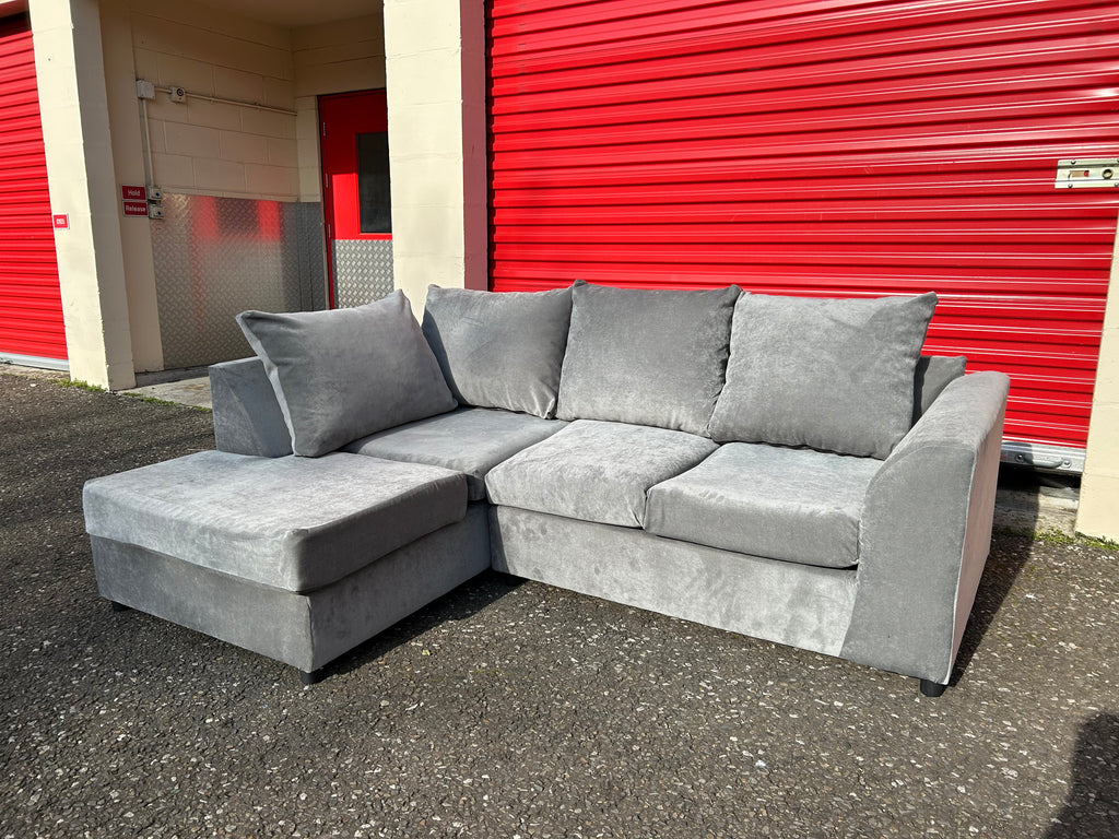 (New) Silver Crushed Velvet Corner Sofa