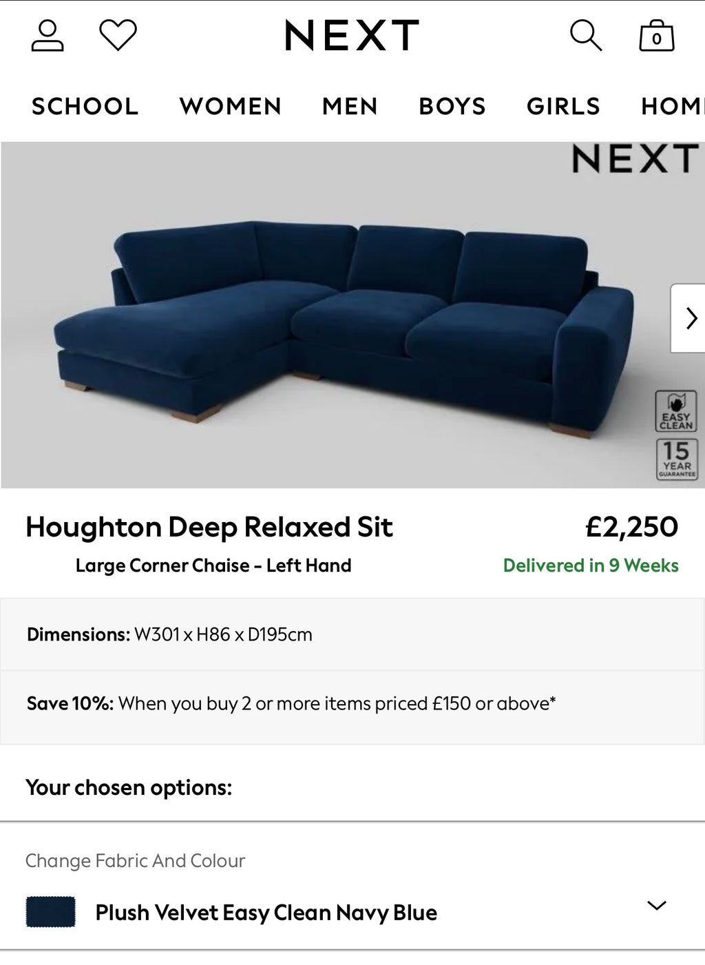 Next Houghton Blue Velvet Corner Sofa