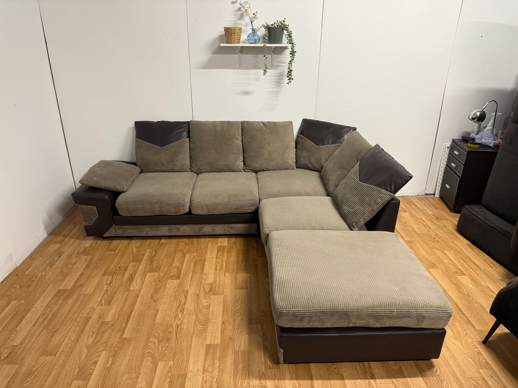 Brown Cord Corner Sofa & Foot Stool