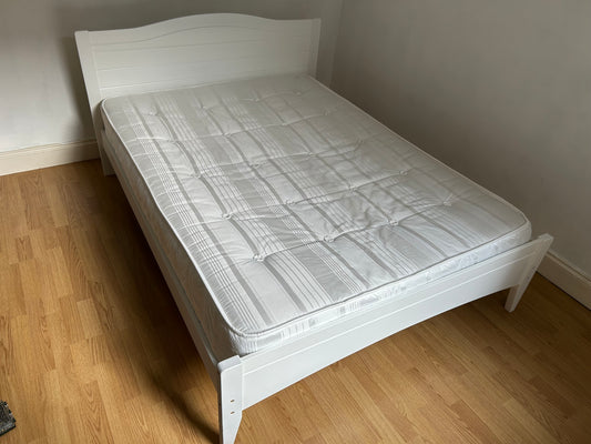 White Wooden Double Bed & Mattress