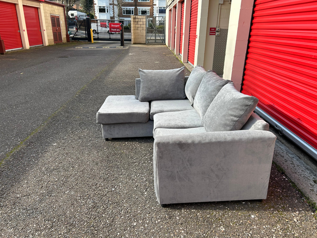 (New) Silver Crushed Velvet Corner Sofa