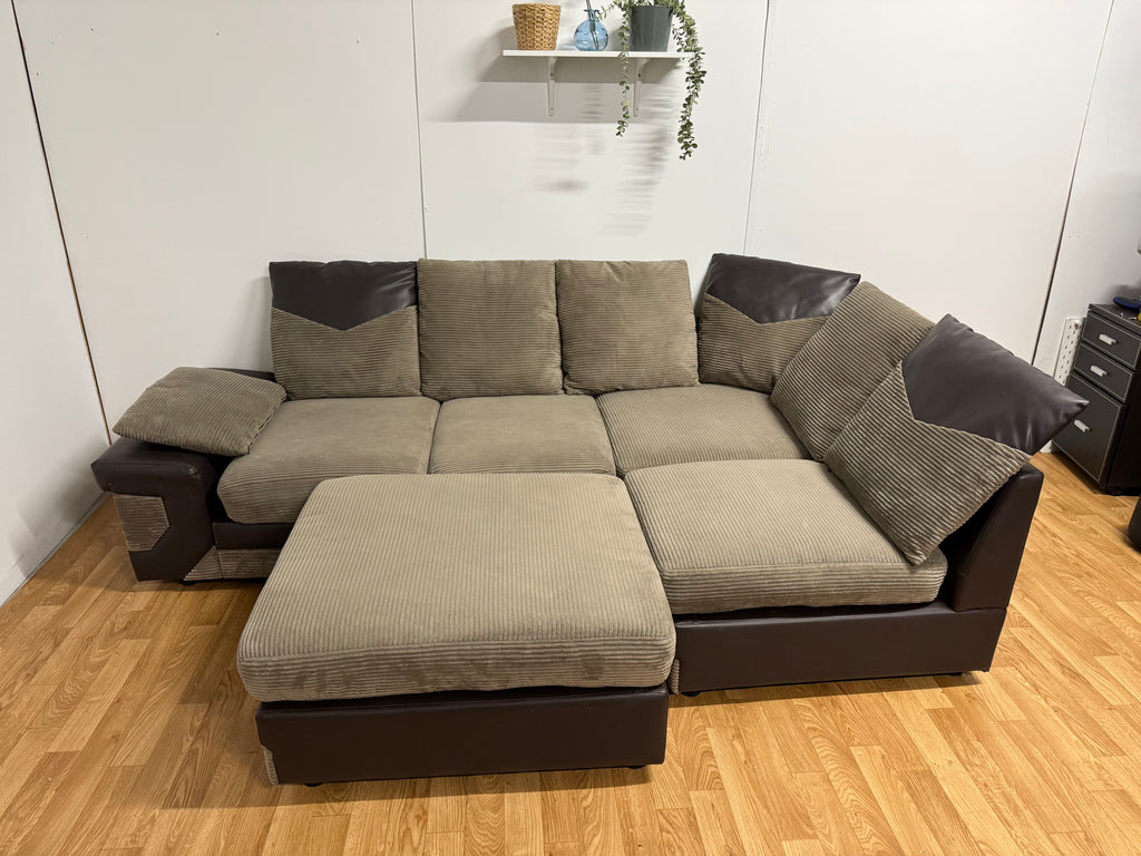 Brown Cord Corner Sofa & Foot Stool