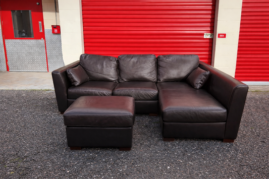 Dark Brown Leather Corner Sofa & Footstool