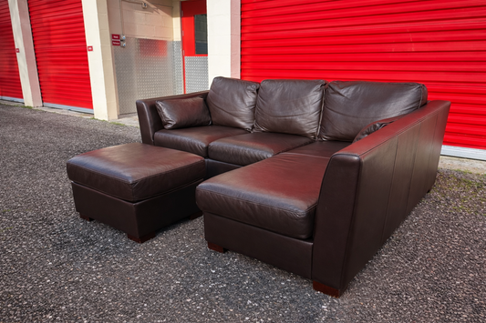 Dark Brown Leather Corner Sofa & Footstool