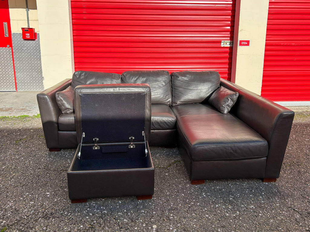 Dark Brown Leather Corner Sofa & Footstool