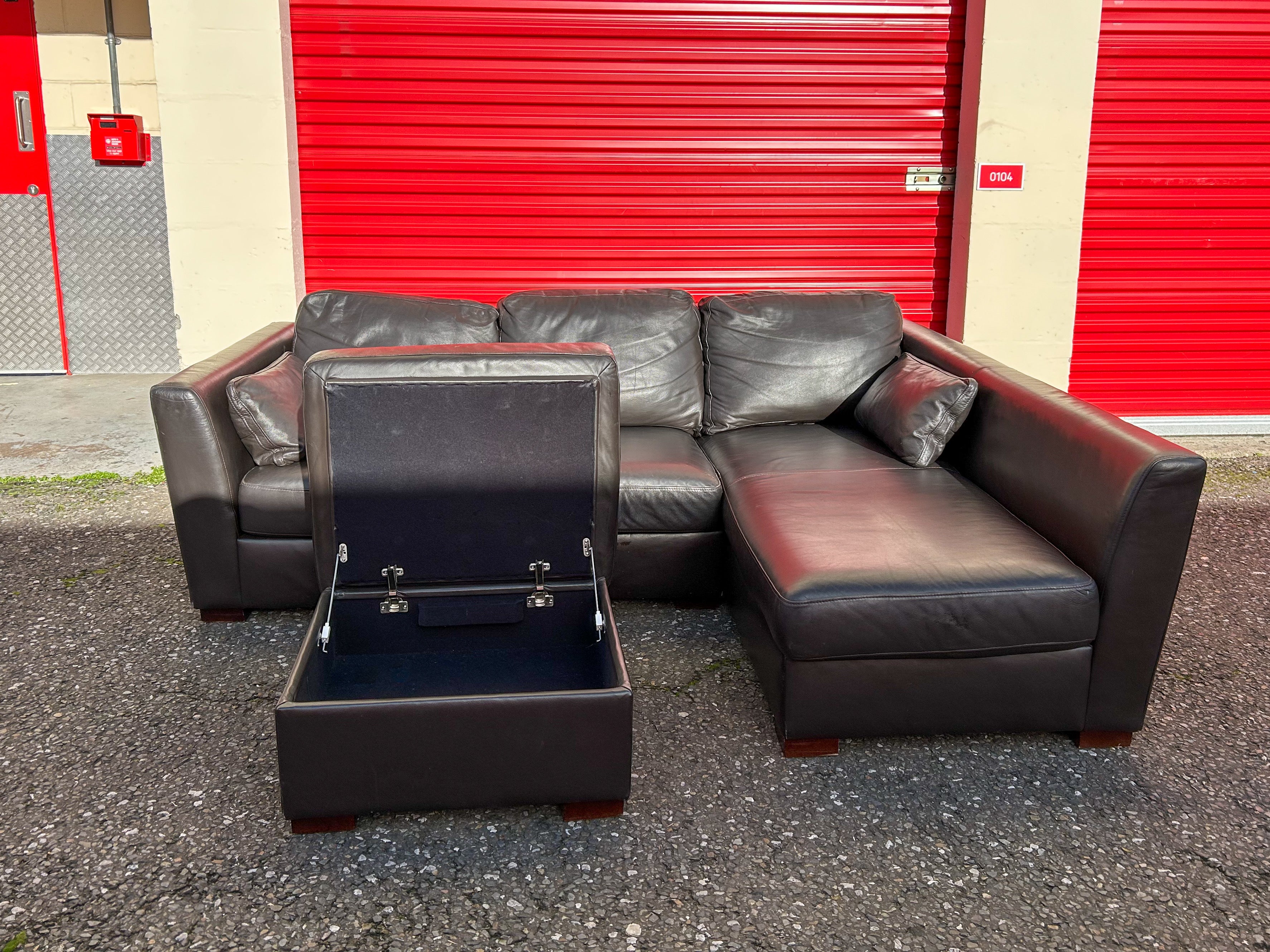 Dark Brown Leather Corner Sofa & Footstool