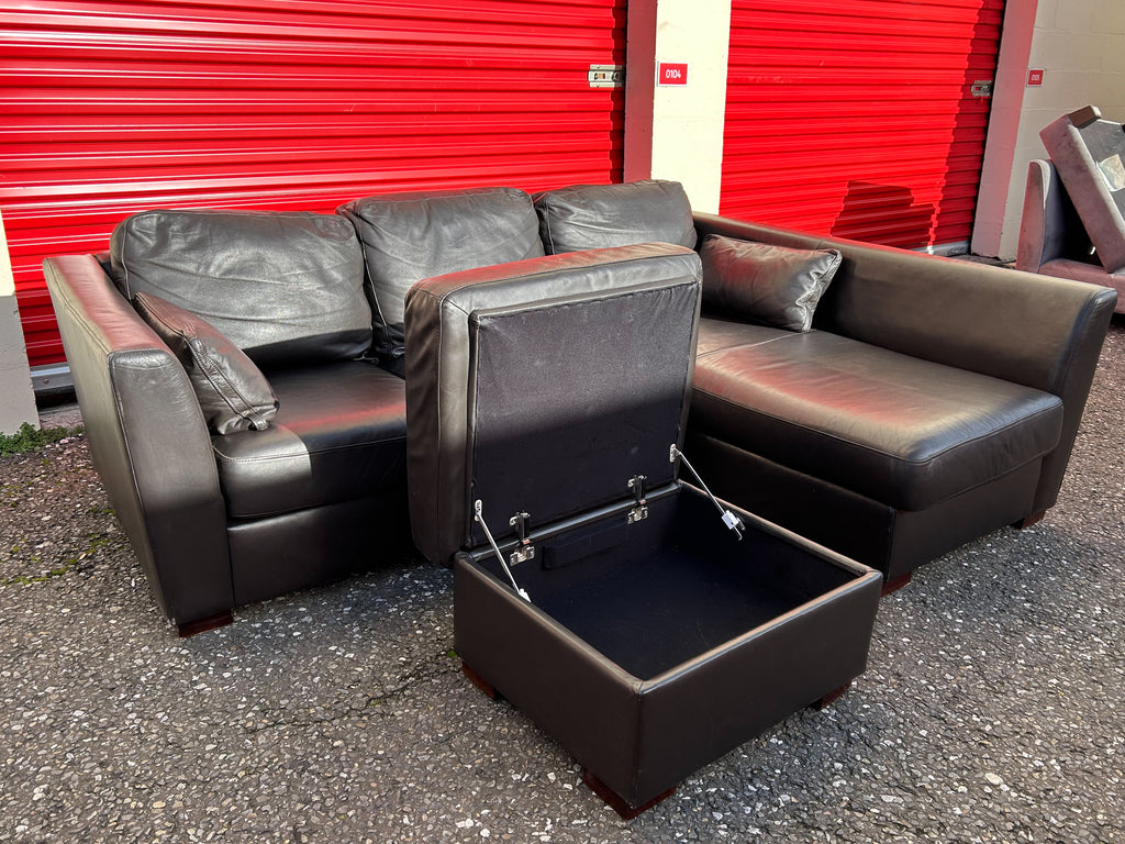 Dark Brown Leather Corner Sofa & Footstool