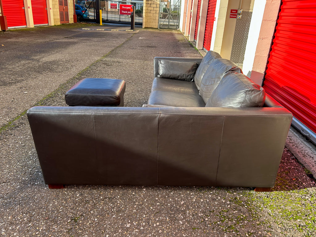 Dark Brown Leather Corner Sofa & Footstool