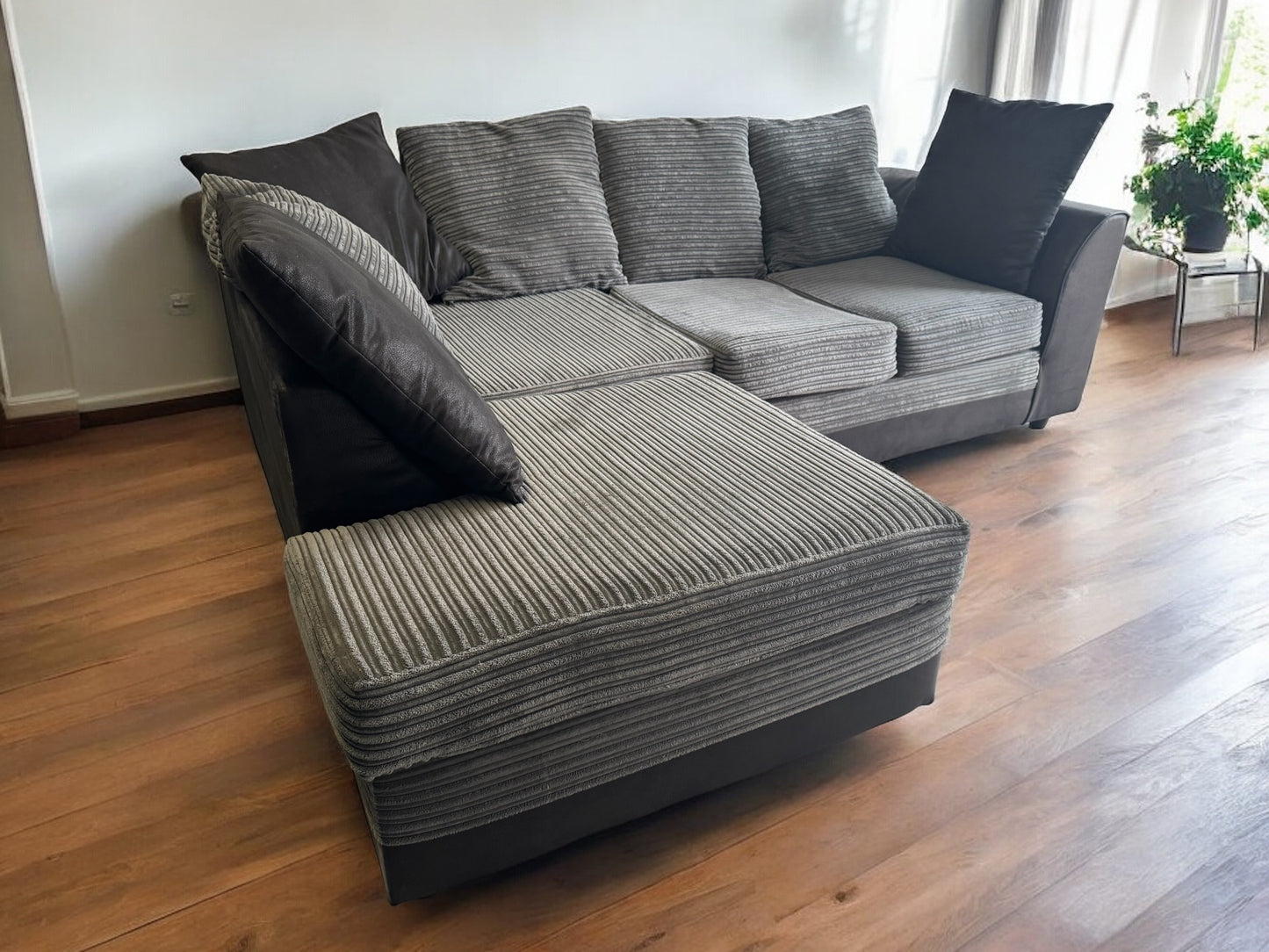 Grey & Black Cord L Shape Sofa