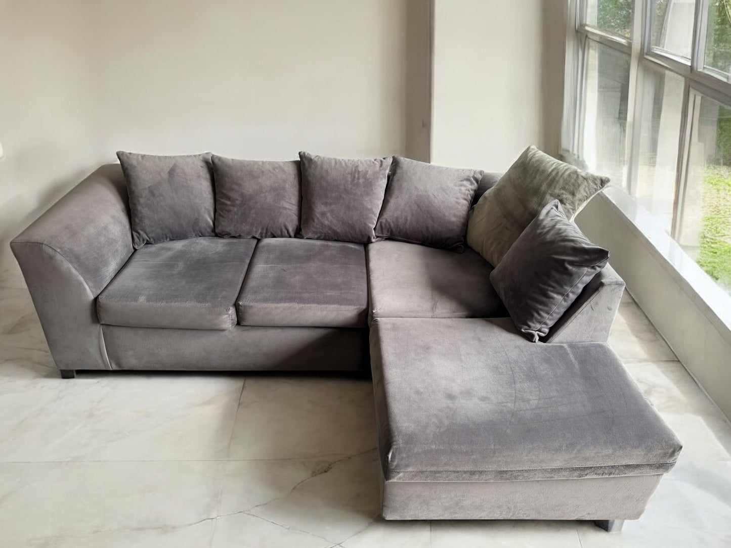 Grey Velvet L Shape Sofa