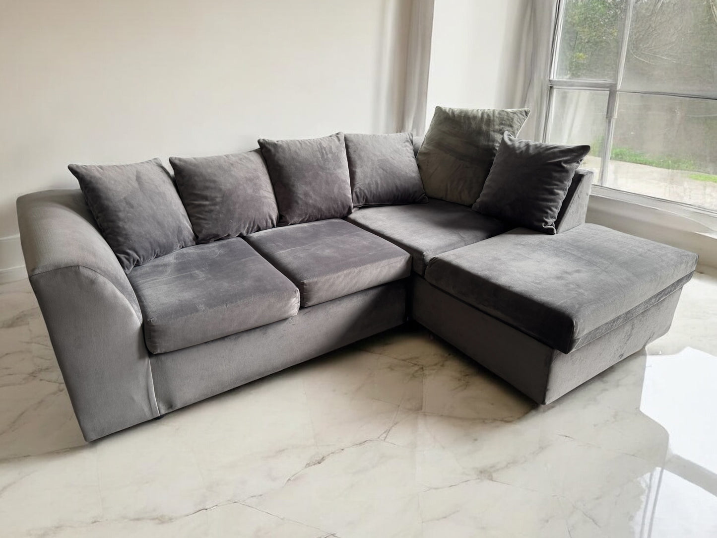 Grey Velvet L Shape Sofa