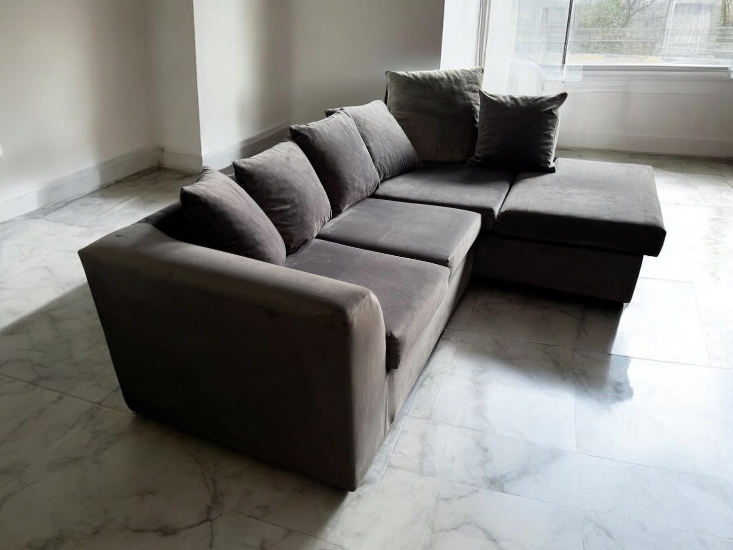 Grey Velvet L Shape Sofa