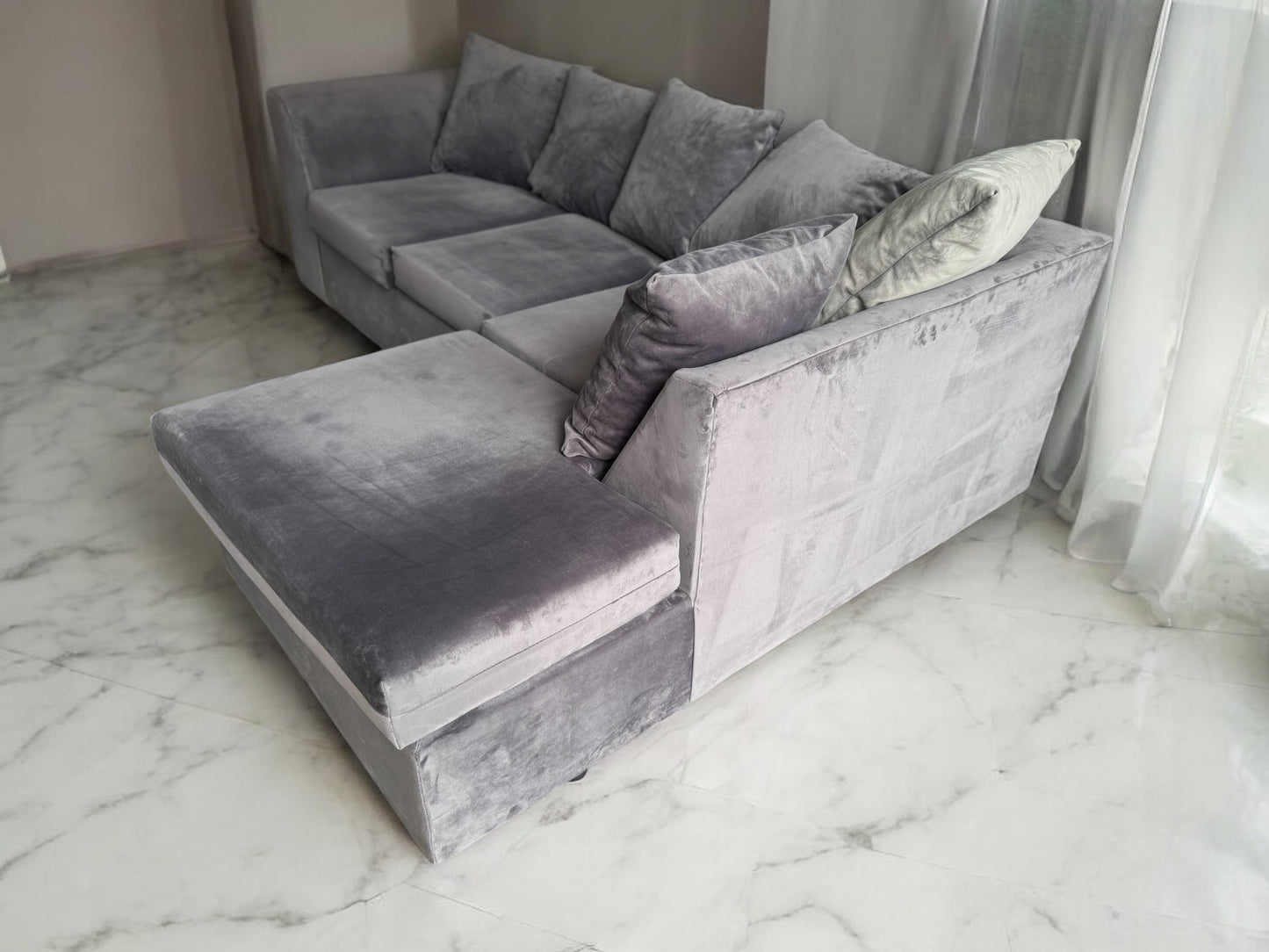 Grey Velvet L Shape Sofa