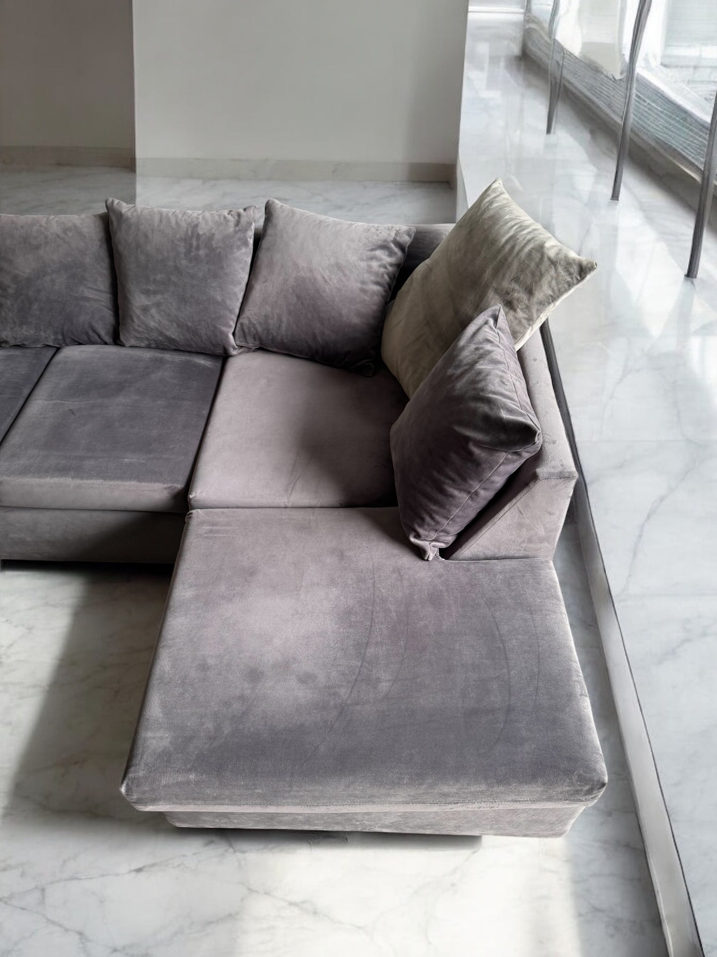 Grey Velvet L Shape Sofa