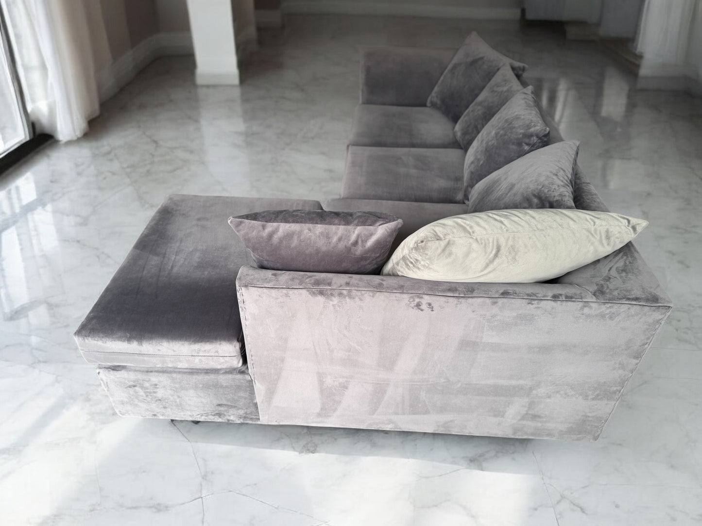 Grey Velvet L Shape Sofa