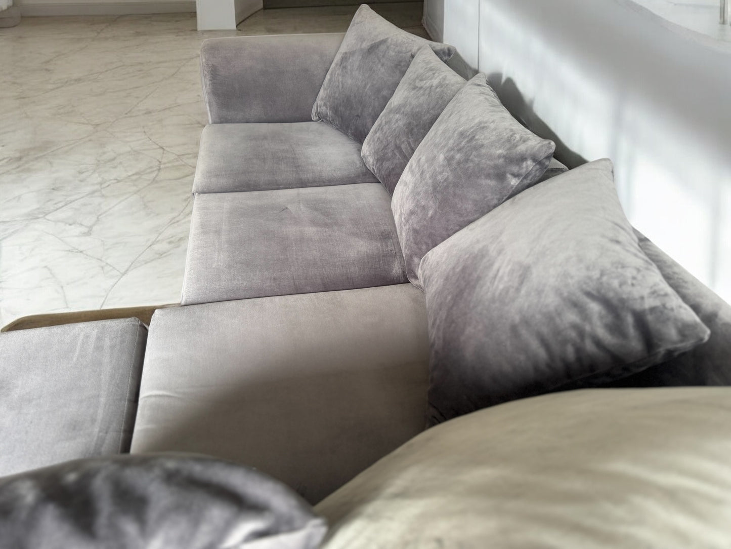 Grey Velvet L Shape Sofa