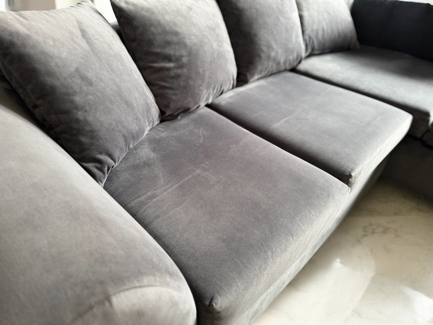 Grey Velvet L Shape Sofa