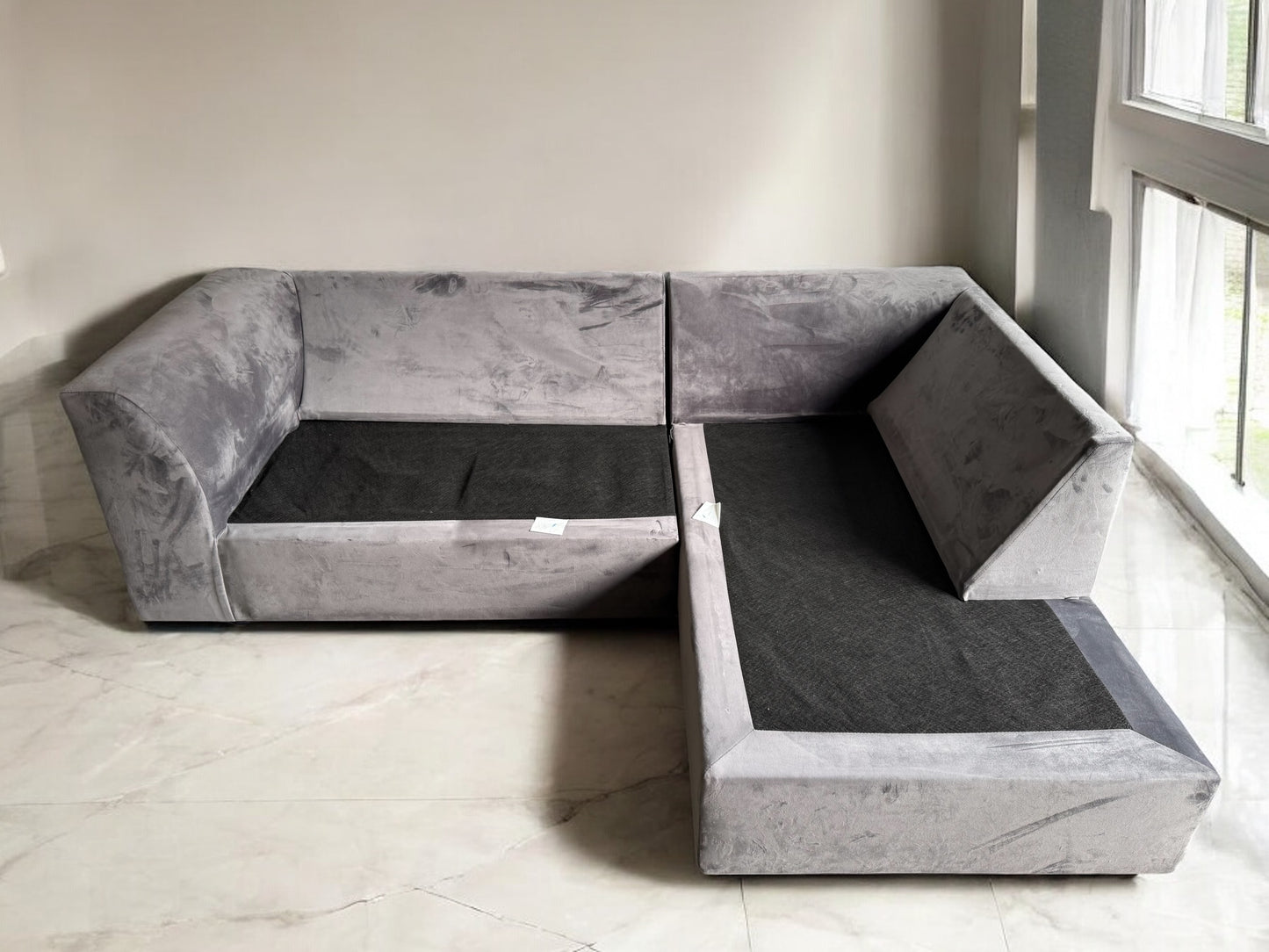 Grey Velvet L Shape Sofa